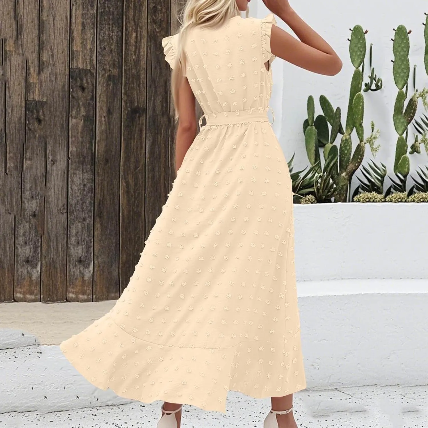 Summer Dresses for Women V Neck Cap Sleeve Swiss Dot Boho Flowy Ruffle Slit Beach Party Long Maxi Cocktail Dresses