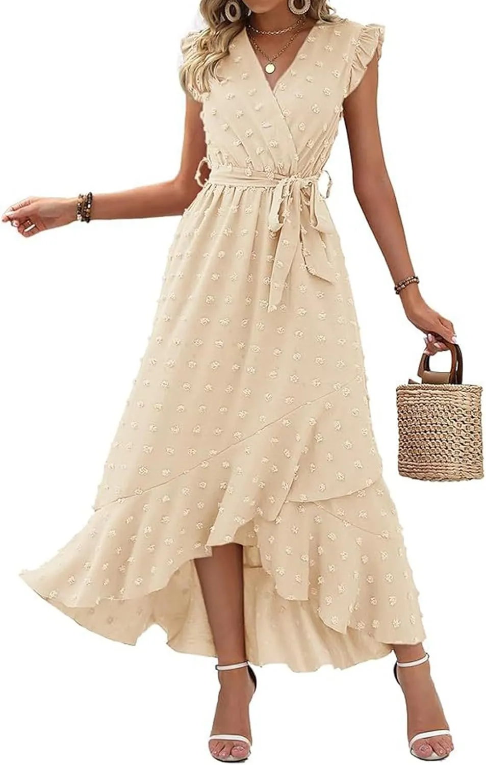 Summer Dresses for Women V Neck Cap Sleeve Swiss Dot Boho Flowy Ruffle Slit Beach Party Long Maxi Cocktail Dresses