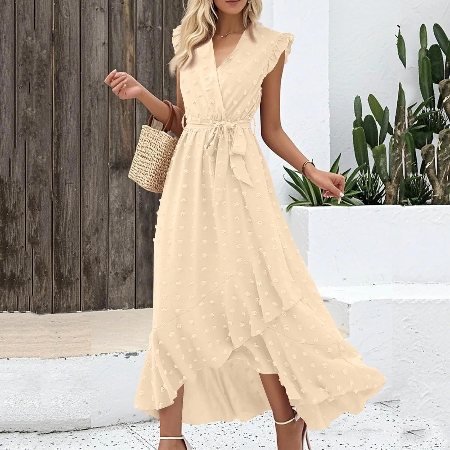 Summer Dresses for Women V Neck Cap Sleeve Swiss Dot Boho Flowy Ruffle Slit Beach Party Long Maxi Cocktail Dresses