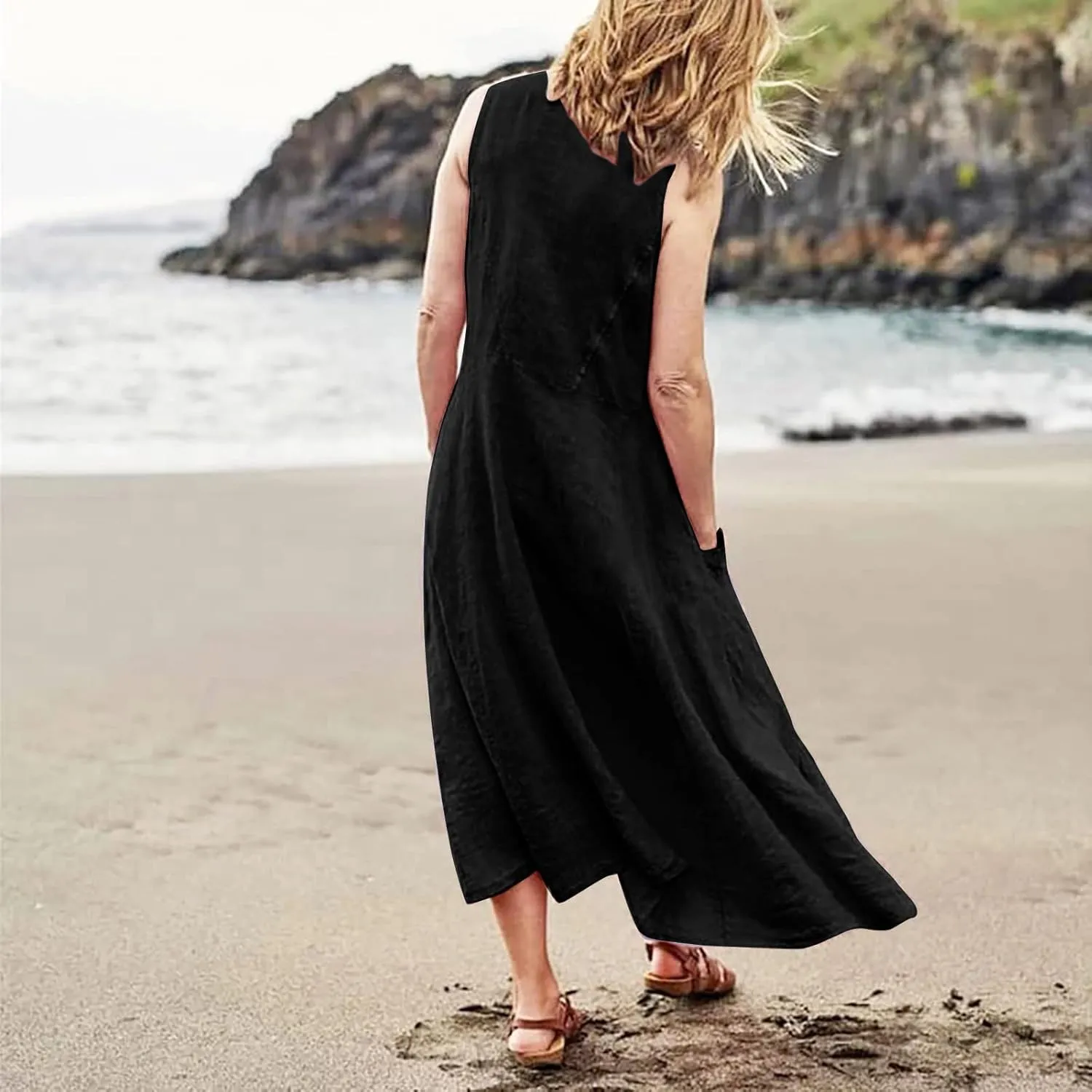 Sundresses for Women 2024 Casual Cotton Linen Maxi Dresses with Pockets Loose Solid Sun Dress Plus Size Summer Dress