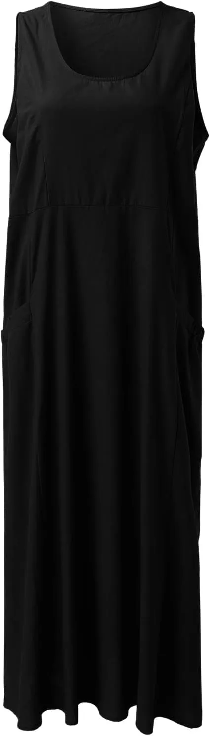 Sundresses for Women 2024 Casual Cotton Linen Maxi Dresses with Pockets Loose Solid Sun Dress Plus Size Summer Dress