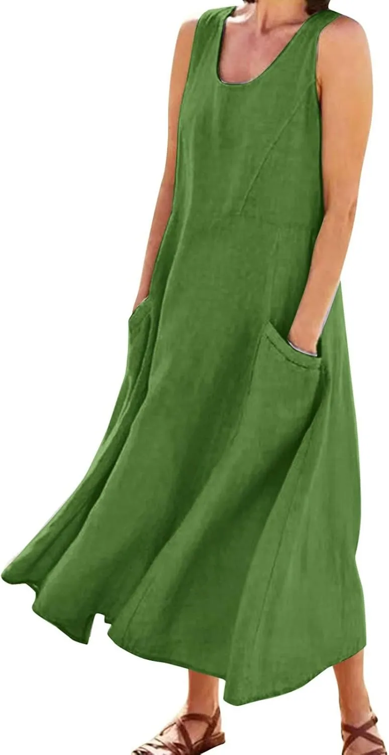Sundresses for Women 2024 Casual Cotton Linen Maxi Dresses with Pockets Loose Solid Sun Dress Plus Size Summer Dress
