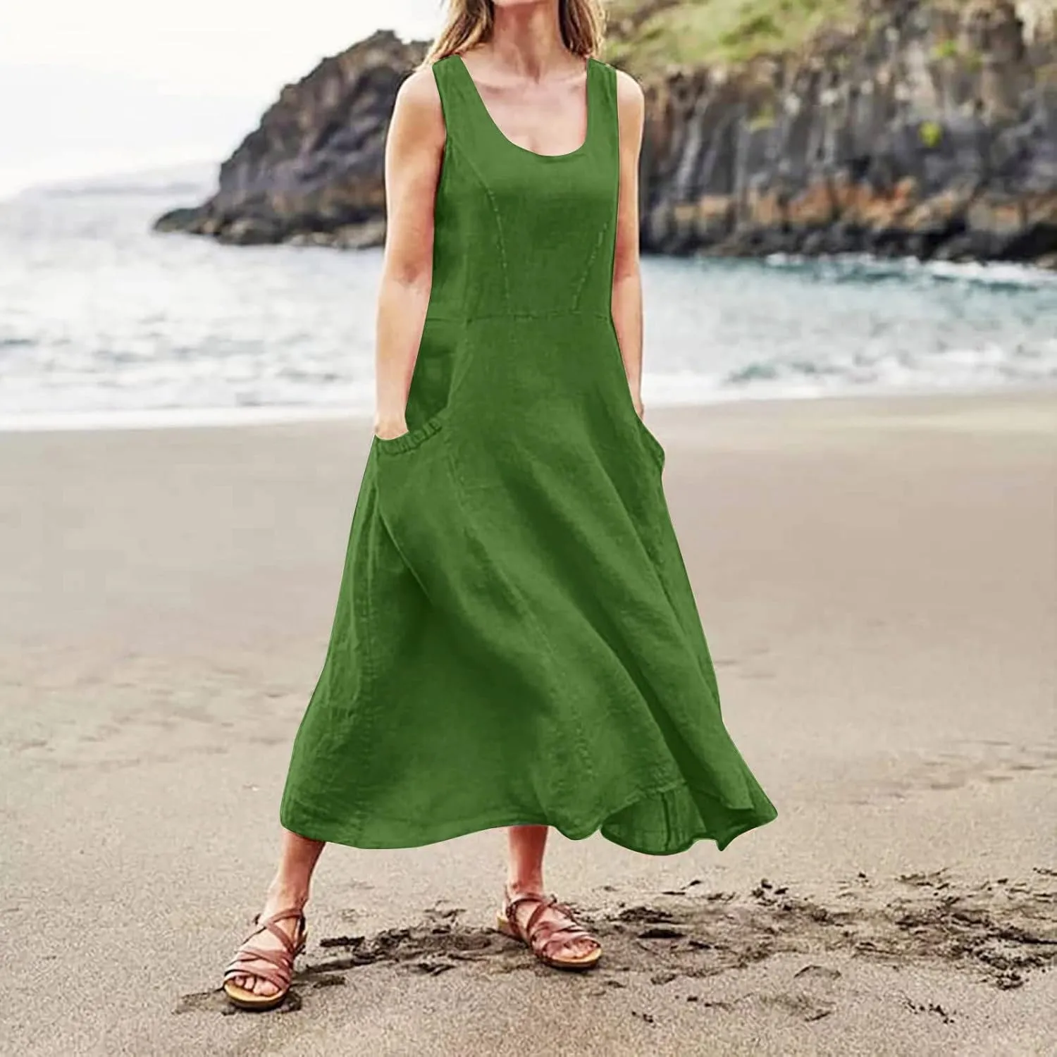 Sundresses for Women 2024 Casual Cotton Linen Maxi Dresses with Pockets Loose Solid Sun Dress Plus Size Summer Dress