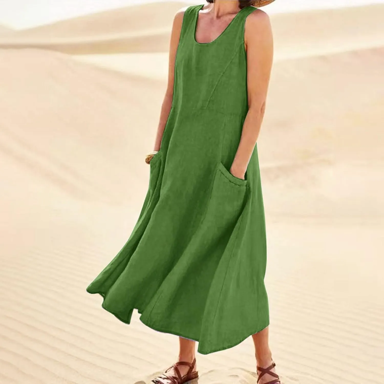 Sundresses for Women 2024 Casual Cotton Linen Maxi Dresses with Pockets Loose Solid Sun Dress Plus Size Summer Dress