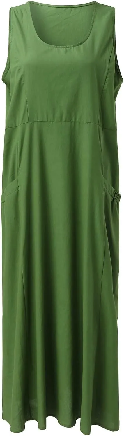 Sundresses for Women 2024 Casual Cotton Linen Maxi Dresses with Pockets Loose Solid Sun Dress Plus Size Summer Dress