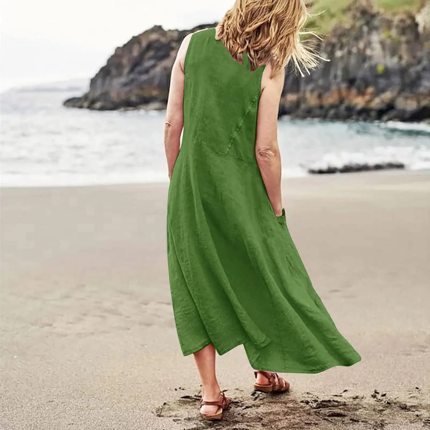 Sundresses for Women 2024 Casual Cotton Linen Maxi Dresses with Pockets Loose Solid Sun Dress Plus Size Summer Dress