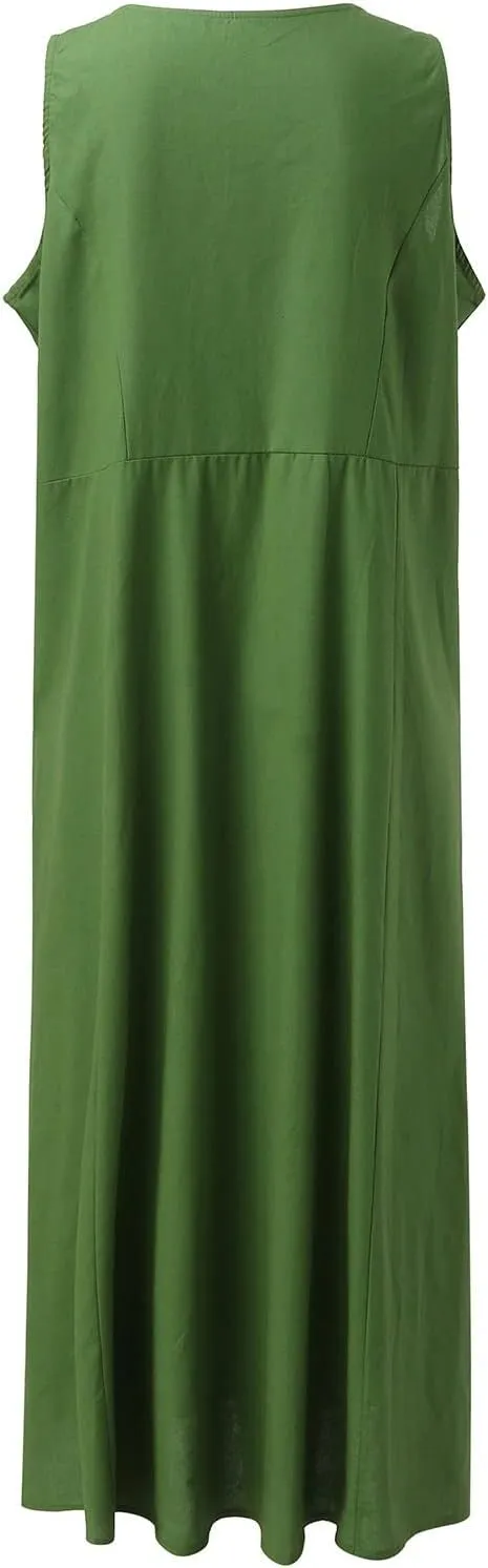 Sundresses for Women 2024 Casual Cotton Linen Maxi Dresses with Pockets Loose Solid Sun Dress Plus Size Summer Dress