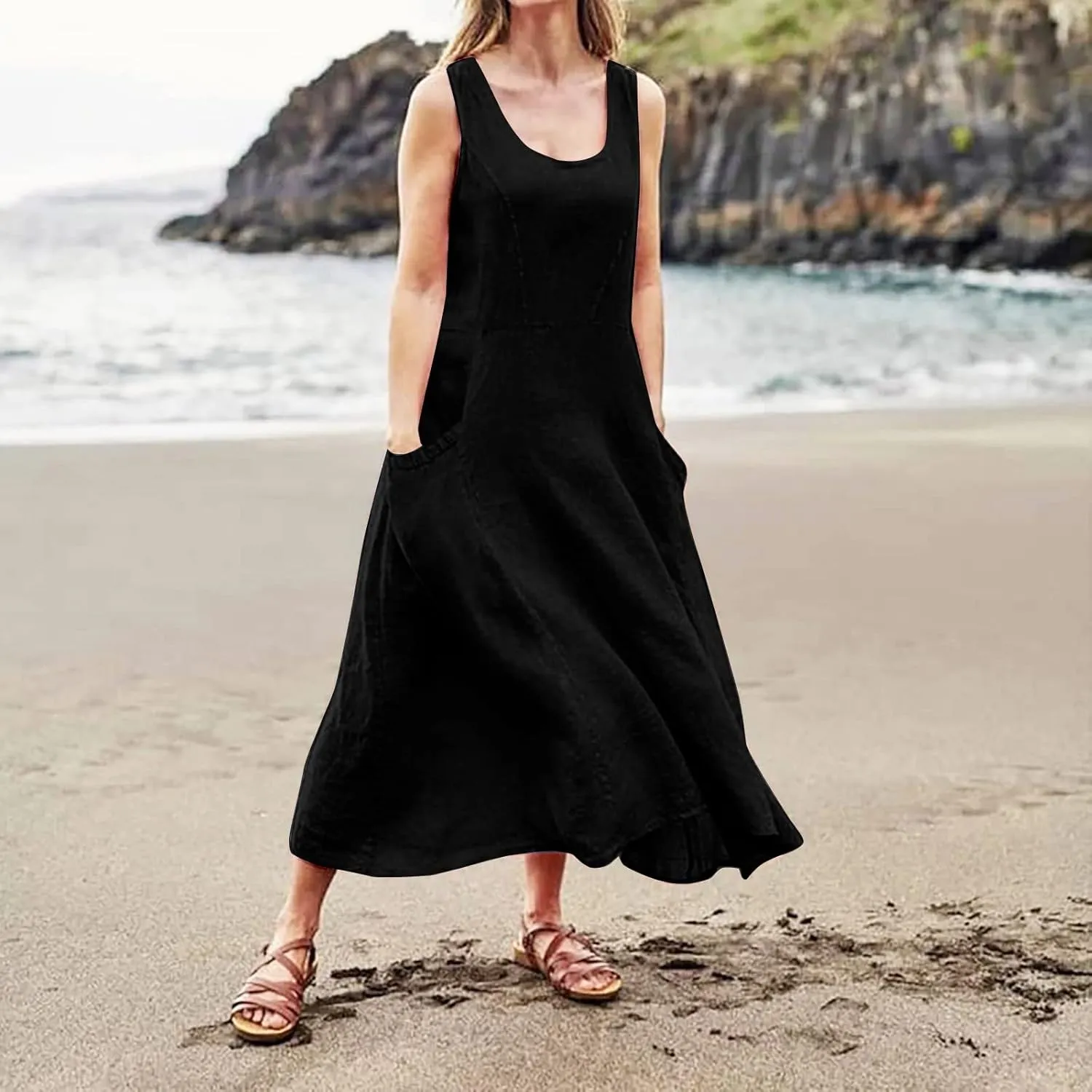 Sundresses for Women 2024 Casual Cotton Linen Maxi Dresses with Pockets Loose Solid Sun Dress Plus Size Summer Dress