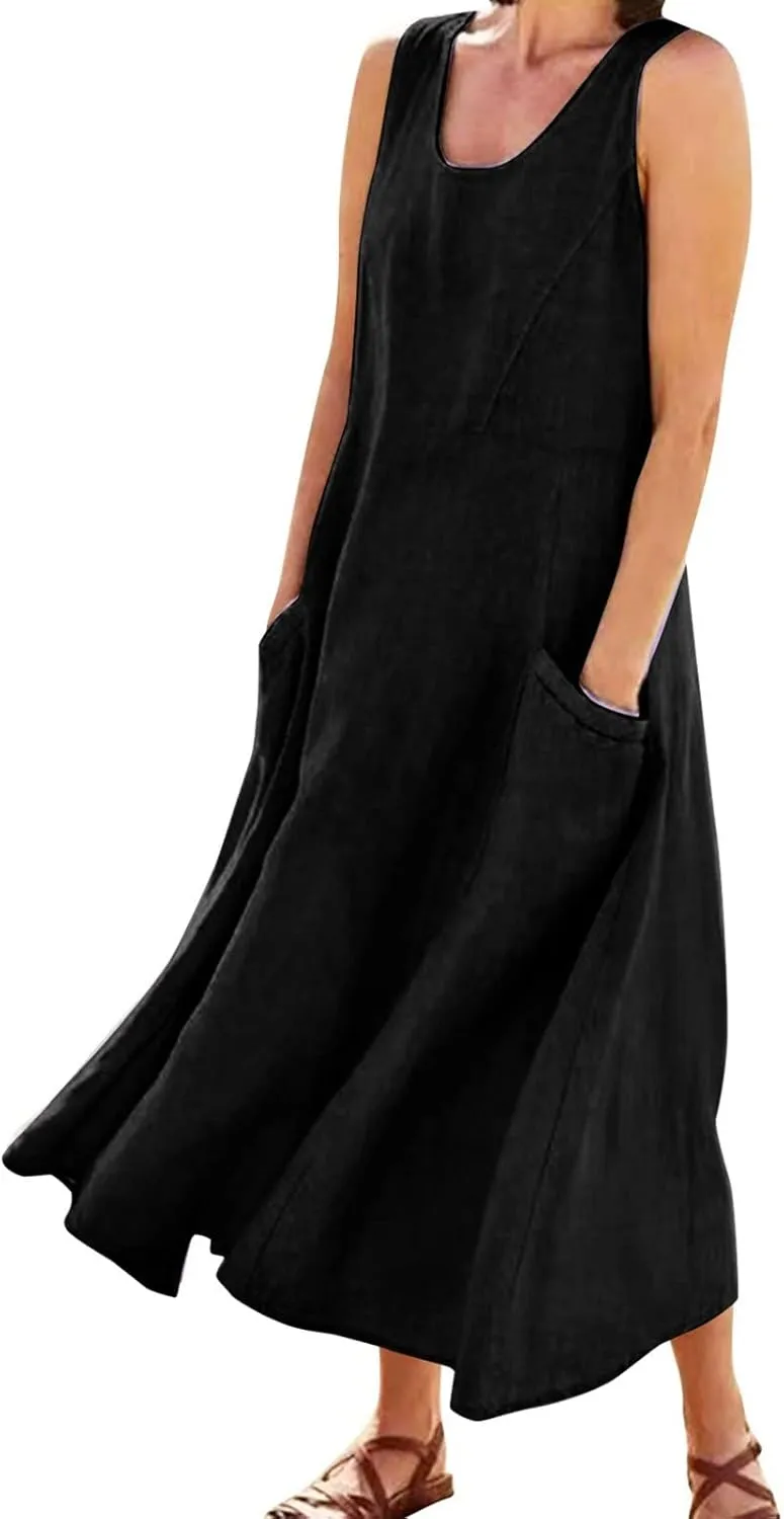Sundresses for Women 2024 Casual Cotton Linen Maxi Dresses with Pockets Loose Solid Sun Dress Plus Size Summer Dress