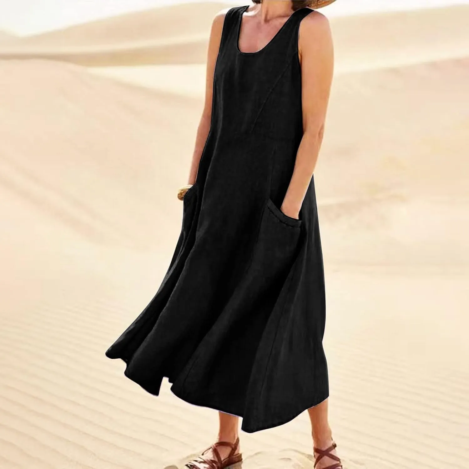 Sundresses for Women 2024 Casual Cotton Linen Maxi Dresses with Pockets Loose Solid Sun Dress Plus Size Summer Dress
