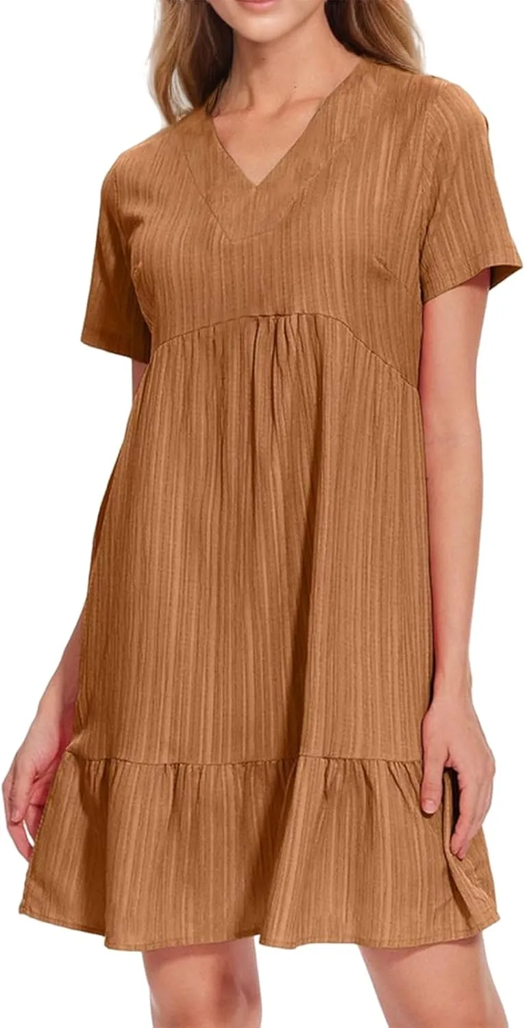 Sundresses for Women Soft V Neck Short Sleeve Ruffle Hem Tiered Flowy Swing Midi Dresses Loose A Line Flowy Beach Dress