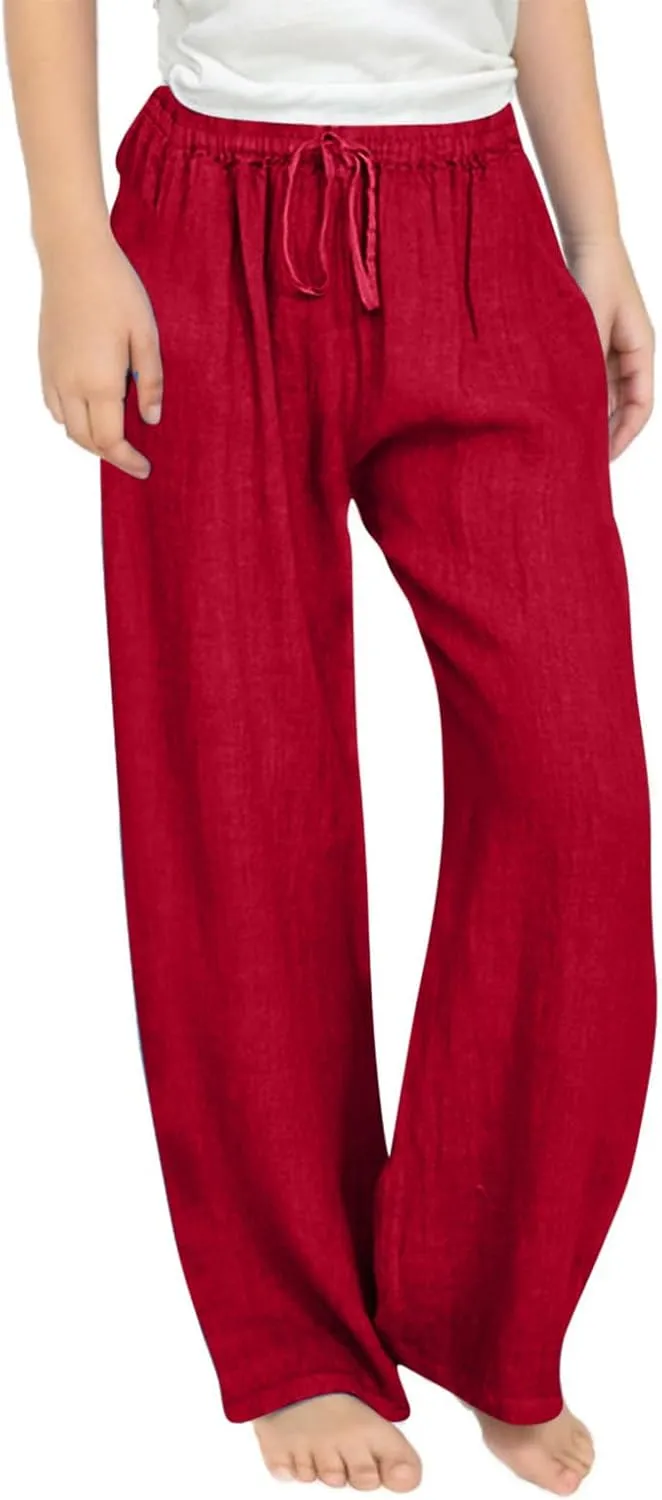 Teen Girls Preppy Cotton Linen Pants Summer Lightweight Loose Fit Elastic Waist Plus Size Solid Lounge Long Trousers