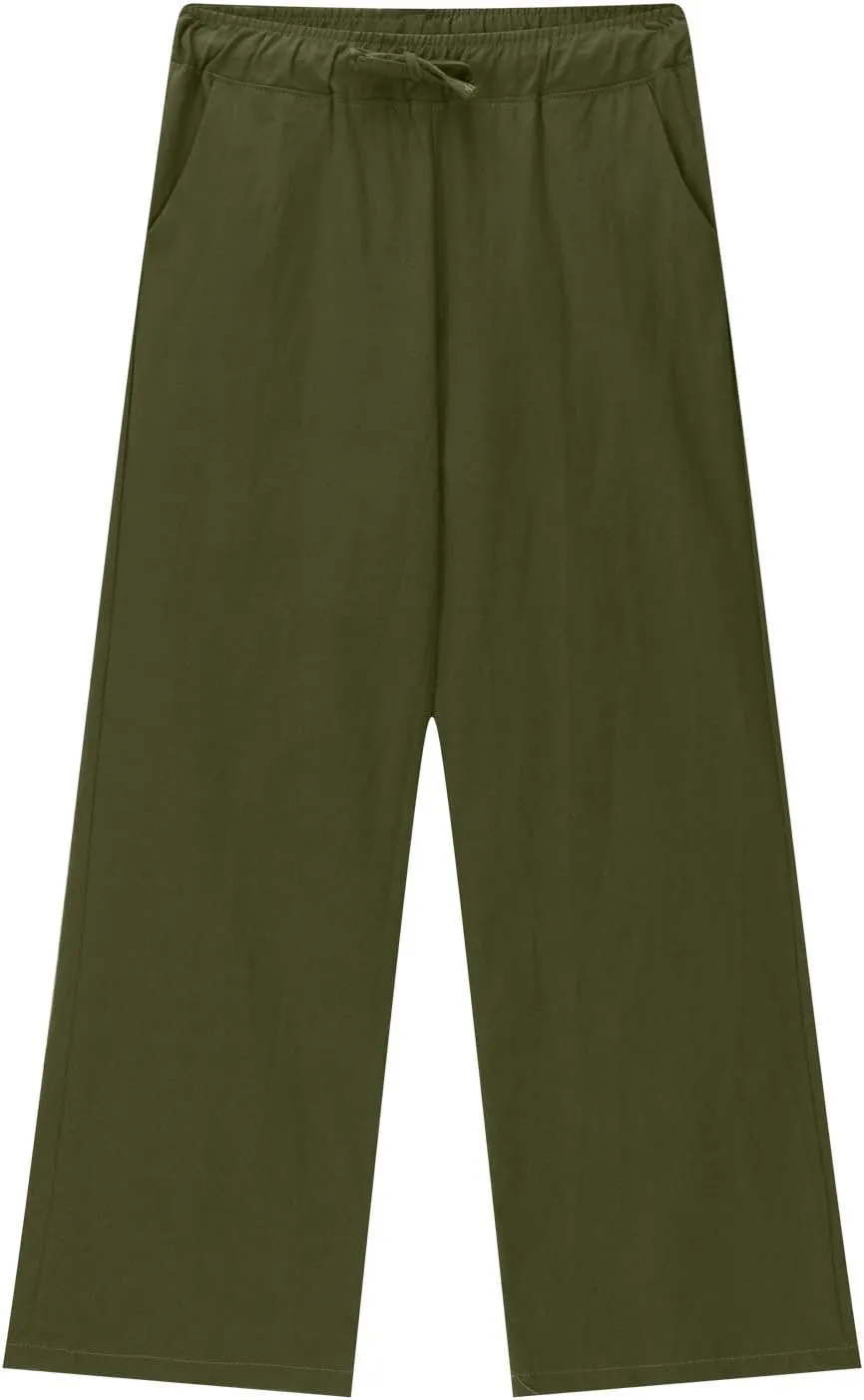 Teen Girls Preppy Cotton Linen Pants Summer Lightweight Loose Fit Elastic Waist Plus Size Solid Lounge Long Trousers