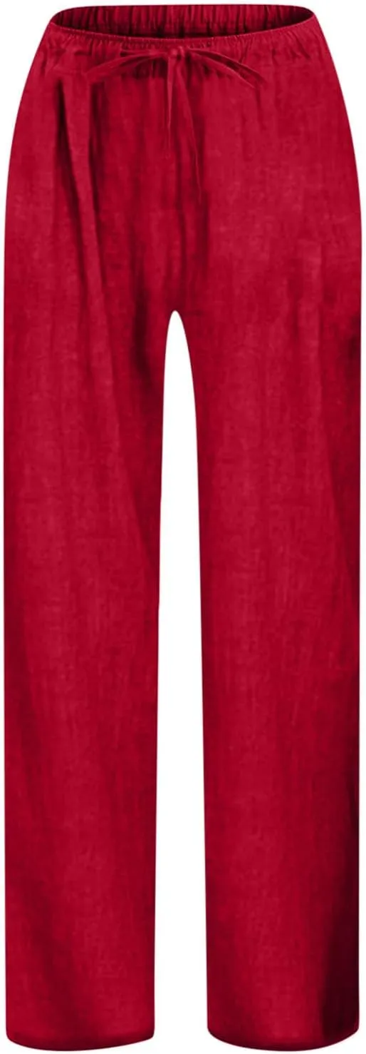 Teen Girls Preppy Cotton Linen Pants Summer Lightweight Loose Fit Elastic Waist Plus Size Solid Lounge Long Trousers