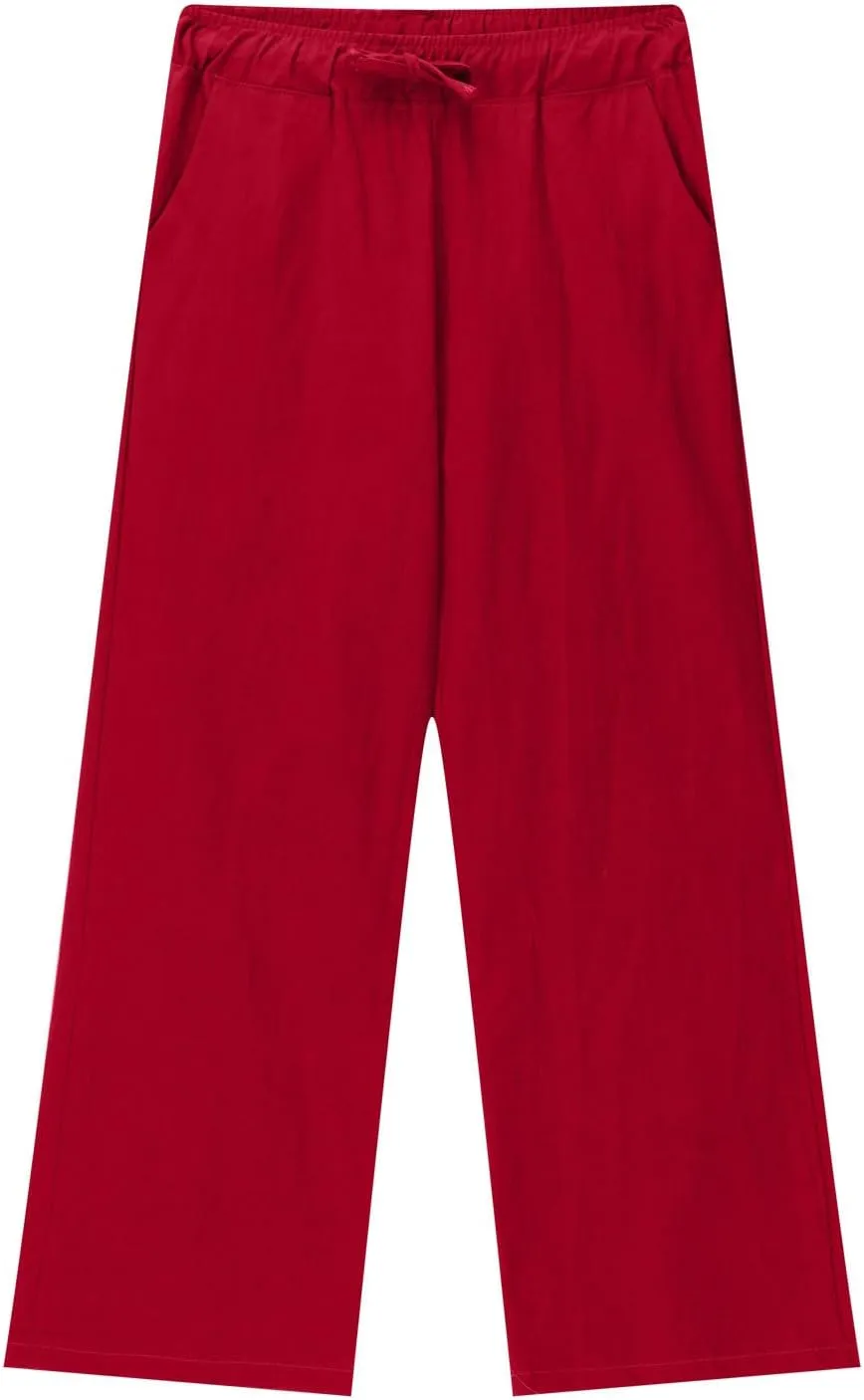 Teen Girls Preppy Cotton Linen Pants Summer Lightweight Loose Fit Elastic Waist Plus Size Solid Lounge Long Trousers