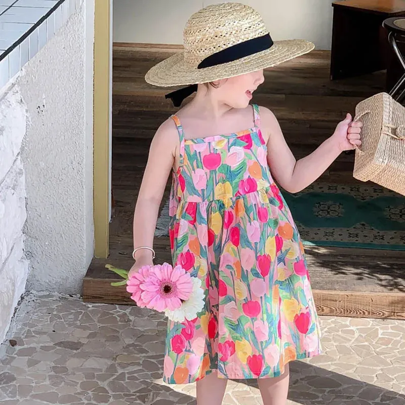 Tulip Field Spaghetti Strap Dress for Toddler & Little Girls