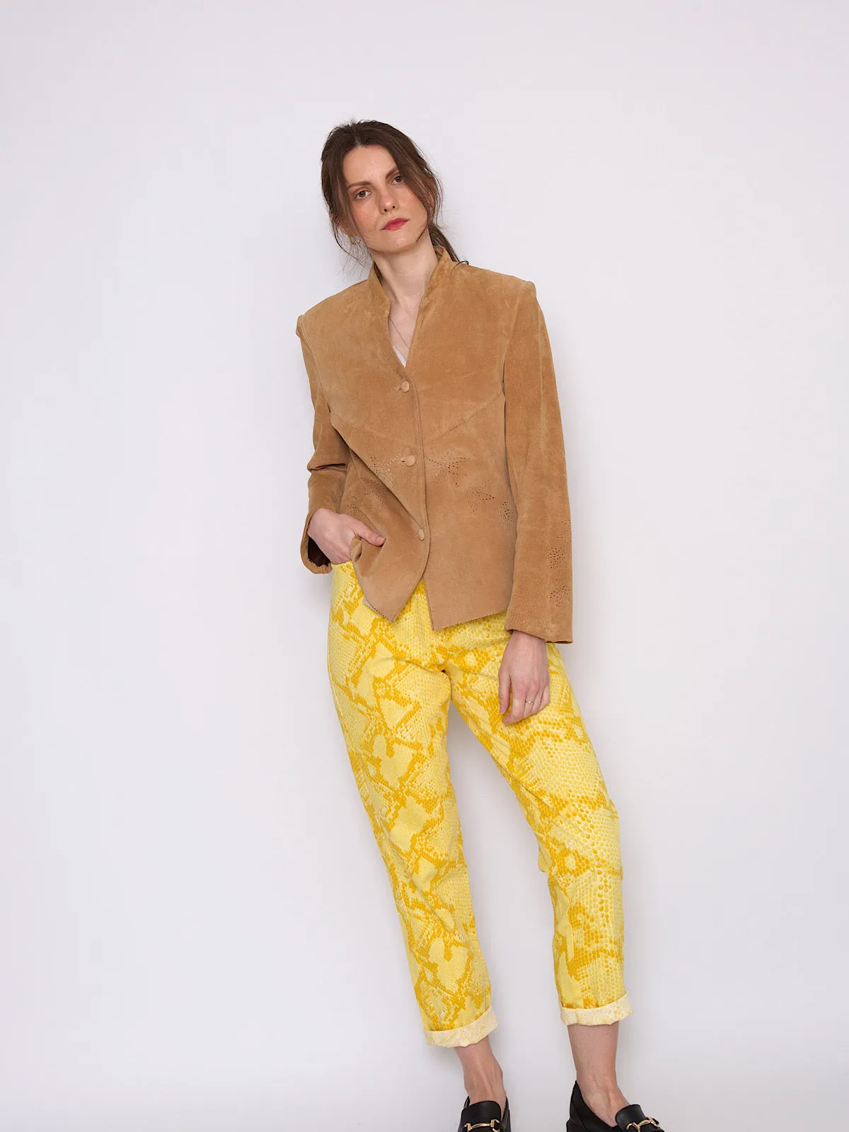Vintage leather suede fitted shirt jacket flower cuts out