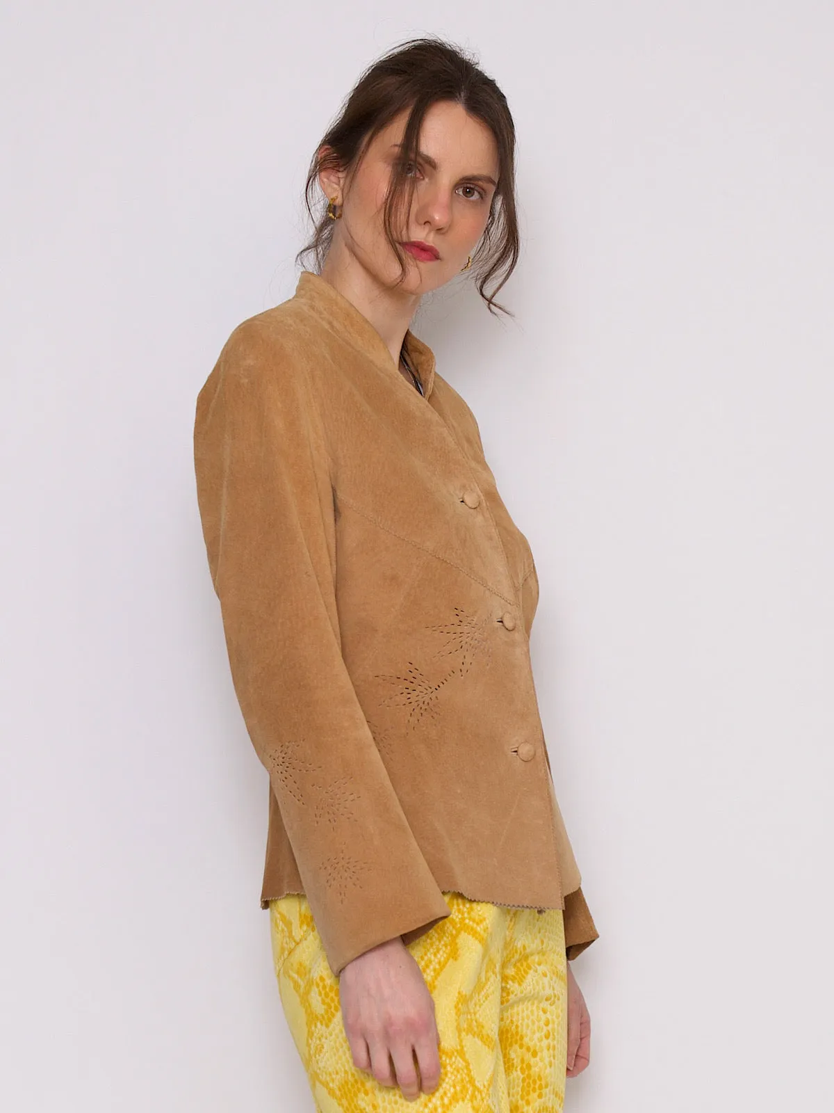 Vintage leather suede fitted shirt jacket flower cuts out