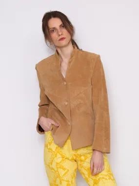 Vintage leather suede fitted shirt jacket flower cuts out