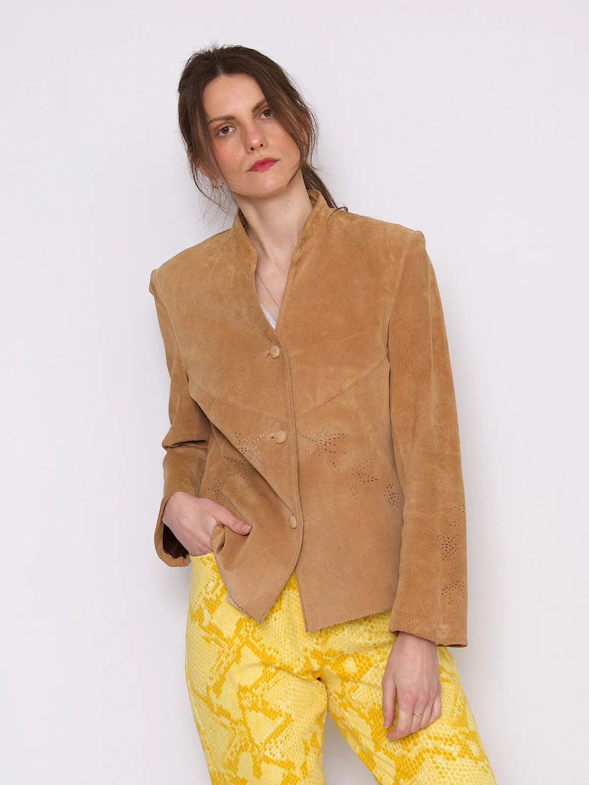 Vintage leather suede fitted shirt jacket flower cuts out