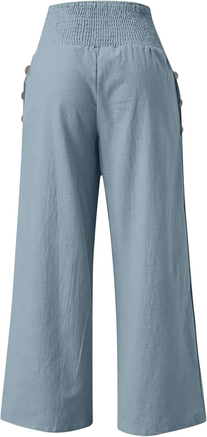 Women Wide Leg Linen Pants Smocked High Waist Stretch Palazzo Pants with Button Pockets Boho Flowy Cotton Beach Pants