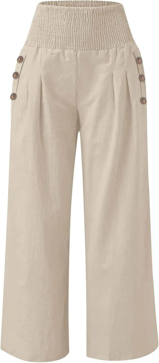 Women Wide Leg Linen Pants Smocked High Waist Stretch Palazzo Pants with Button Pockets Boho Flowy Cotton Beach Pants