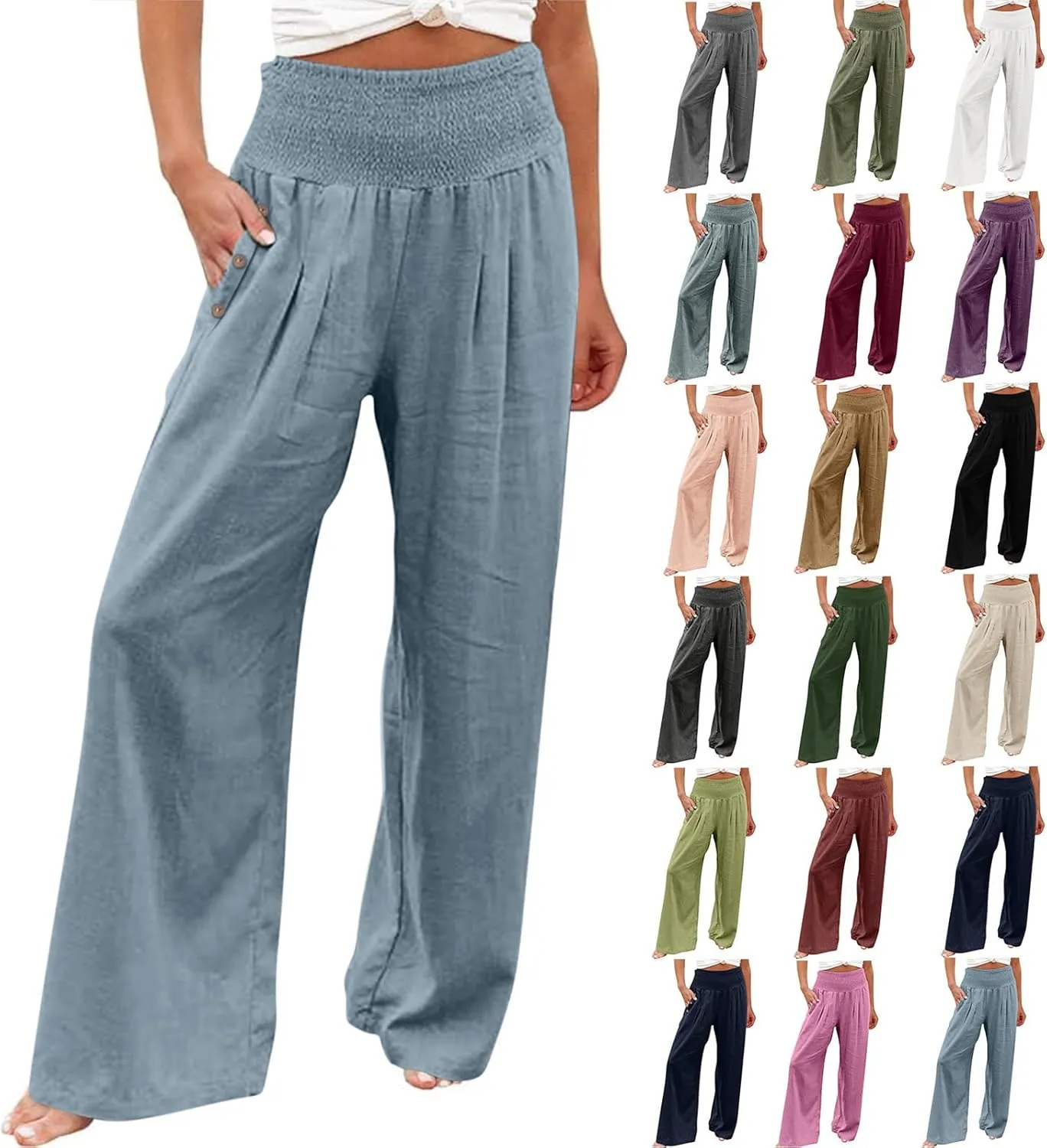 Women Wide Leg Linen Pants Smocked High Waist Stretch Palazzo Pants with Button Pockets Boho Flowy Cotton Beach Pants