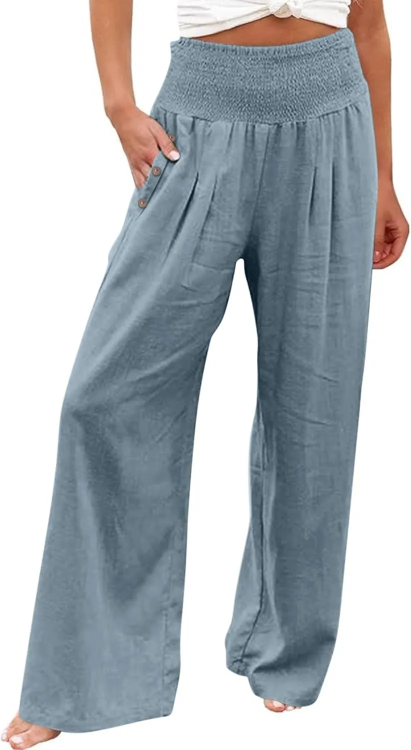 Women Wide Leg Linen Pants Smocked High Waist Stretch Palazzo Pants with Button Pockets Boho Flowy Cotton Beach Pants