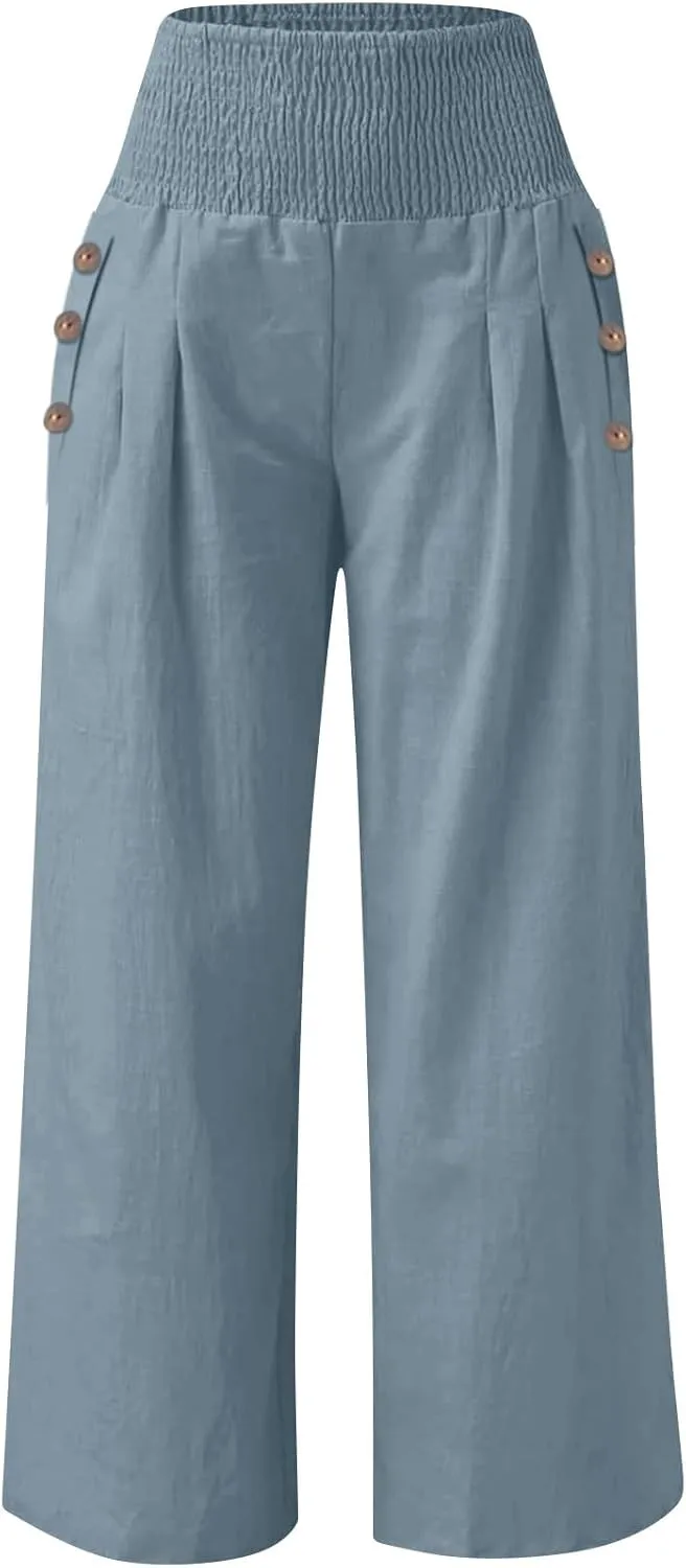 Women Wide Leg Linen Pants Smocked High Waist Stretch Palazzo Pants with Button Pockets Boho Flowy Cotton Beach Pants