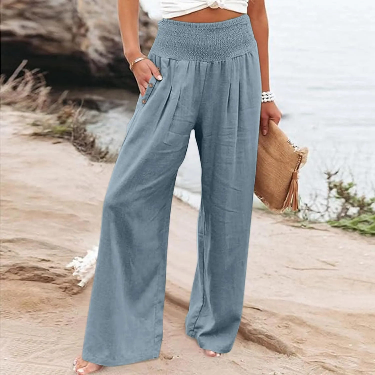 Women Wide Leg Linen Pants Smocked High Waist Stretch Palazzo Pants with Button Pockets Boho Flowy Cotton Beach Pants