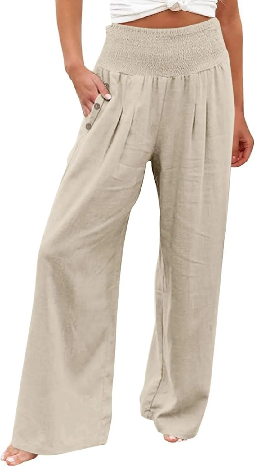 Women Wide Leg Linen Pants Smocked High Waist Stretch Palazzo Pants with Button Pockets Boho Flowy Cotton Beach Pants
