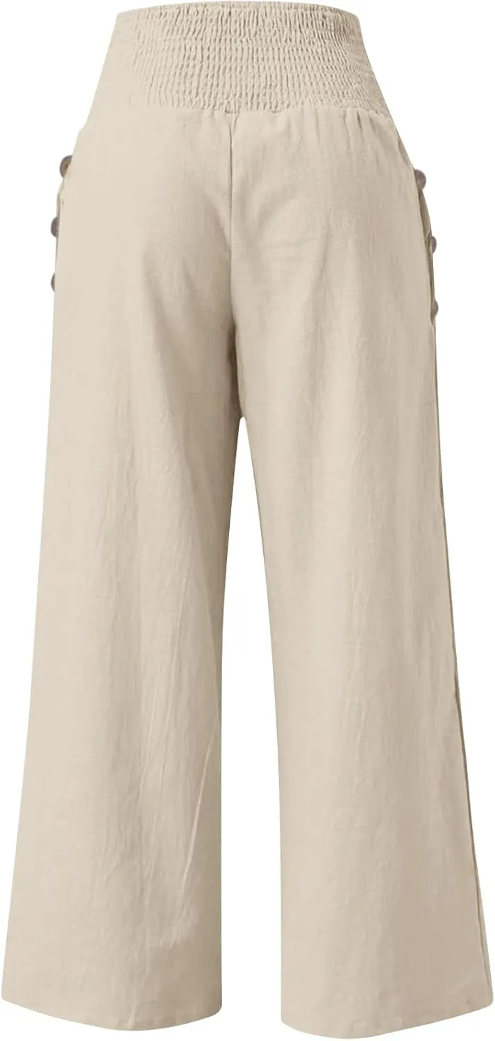 Women Wide Leg Linen Pants Smocked High Waist Stretch Palazzo Pants with Button Pockets Boho Flowy Cotton Beach Pants