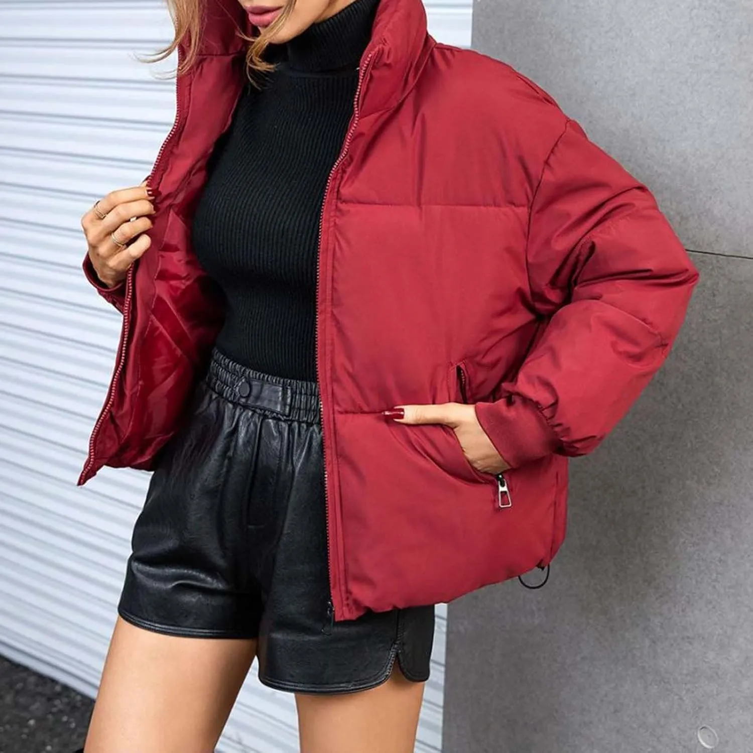 Women Winter Coat Light Down Zipper Puffer Jacket Plus Size Long Sleeve Quilted Pullover Outwear With Pocket