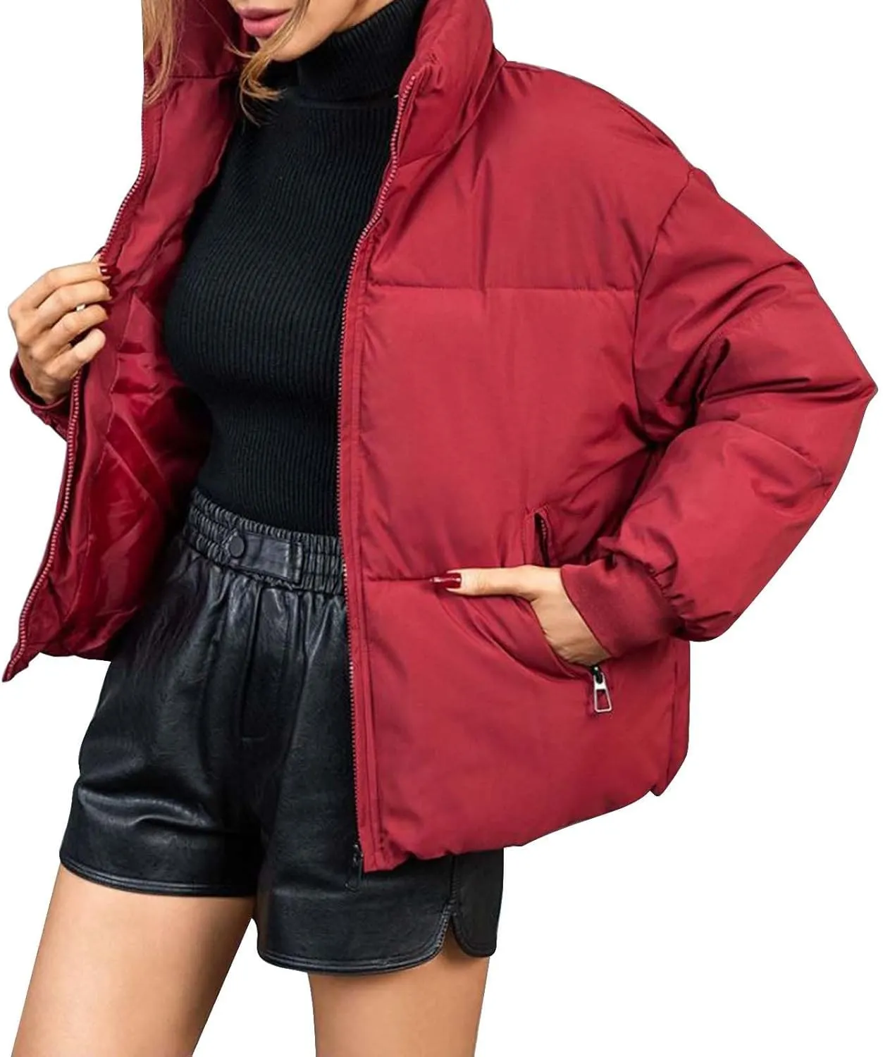 Women Winter Coat Light Down Zipper Puffer Jacket Plus Size Long Sleeve Quilted Pullover Outwear With Pocket