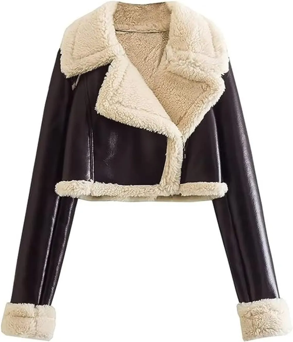 Women’s Black Genuine Sheepskin Sherpa Shearling Faux Fur Lined Winter Warm Chic Short Fashionable Bomber Leather Jacket (Small, Brown)