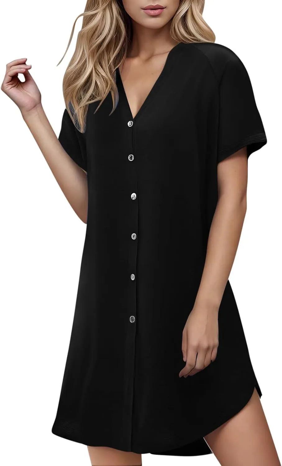 Womens Button Down Shirt Dress Short Sleeve Loose Tunic Dresses V-Neck Mini Dress Causal Nightgown Beach Sundresses