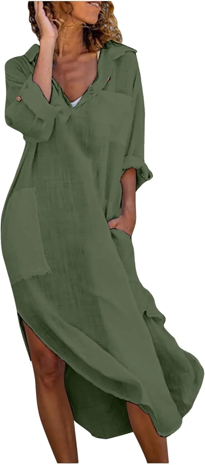 Womens Button Down Shirt Dress Summer Cotton Linen Casual Loose Maxi Dresses Beach Breathable Vacation Flowy Dresses