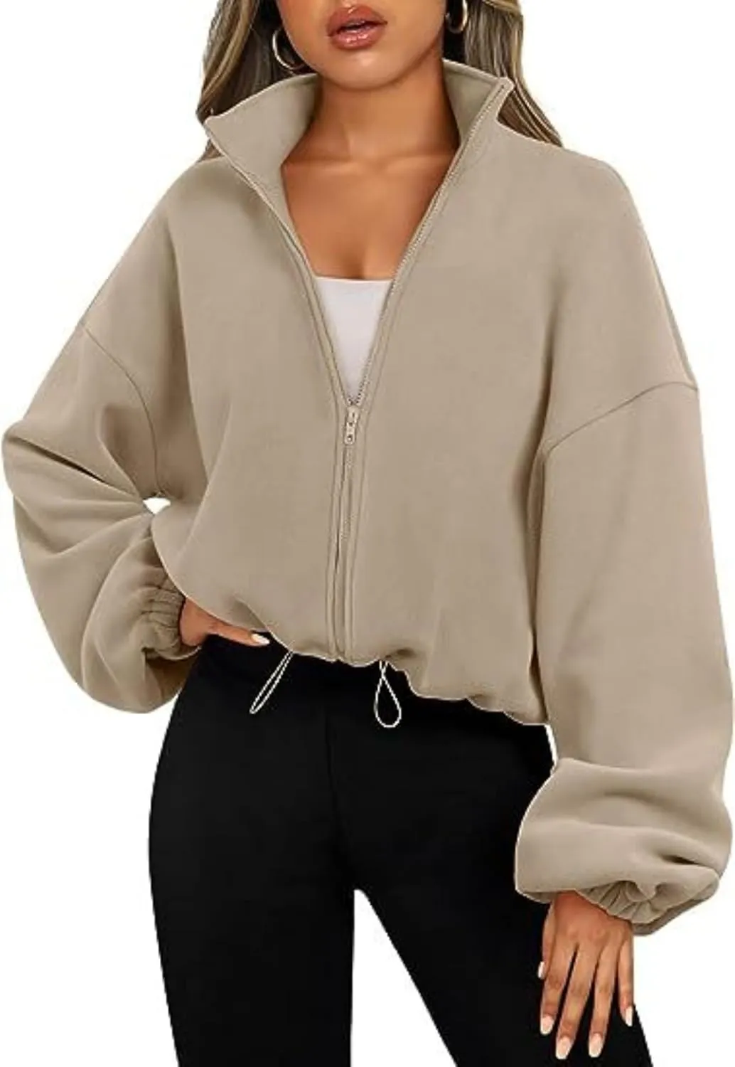 Womens Cropped Jacket Fleece Sweatshirts Fall Fashion 2024 Zip up Sport Casual Stand Collared Long Sleeve Outfits