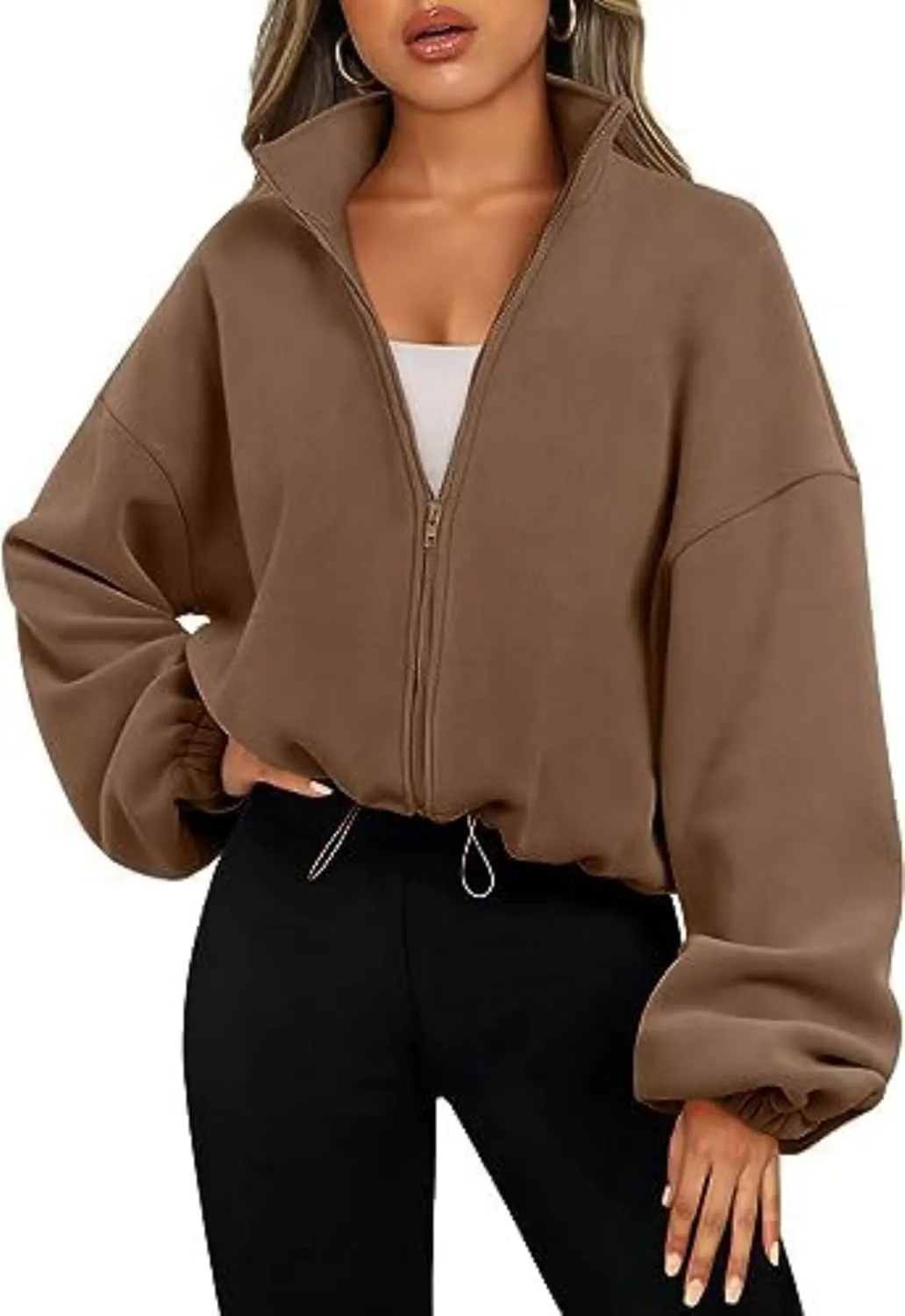Womens Cropped Jacket Fleece Sweatshirts Fall Fashion 2024 Zip up Sport Casual Stand Collared Long Sleeve Outfits
