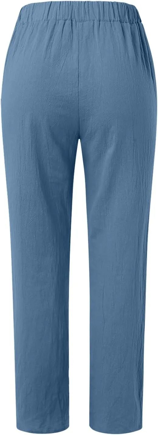 Womens Linen Pants with Pockets High Waist Comfy Casual Pants Lightweight Loose Trousers Straight Leg Baggy Trousers