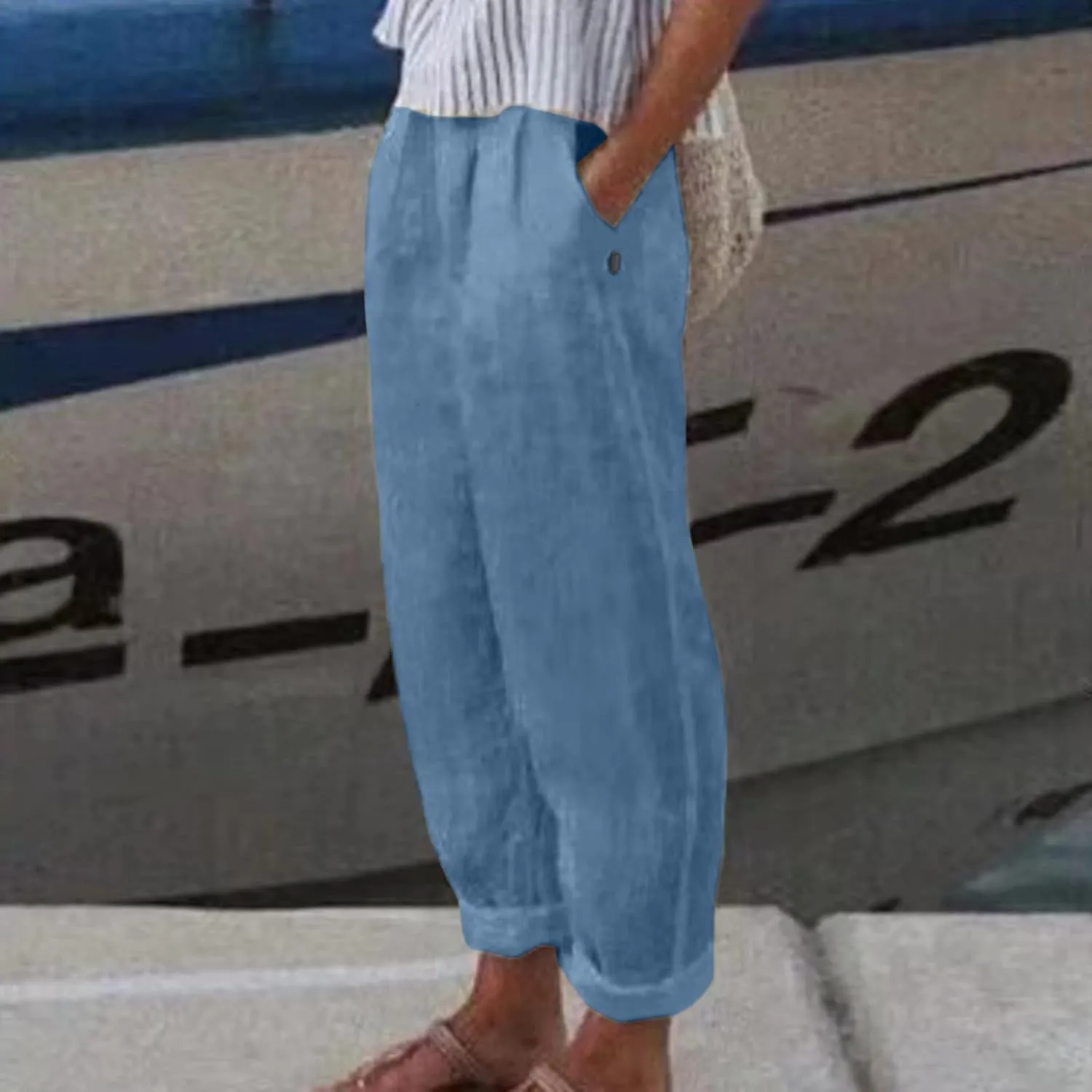 Womens Linen Pants with Pockets High Waist Comfy Casual Pants Lightweight Loose Trousers Straight Leg Baggy Trousers