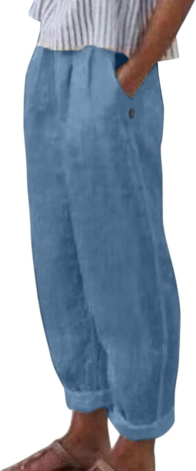 Womens Linen Pants with Pockets High Waist Comfy Casual Pants Lightweight Loose Trousers Straight Leg Baggy Trousers