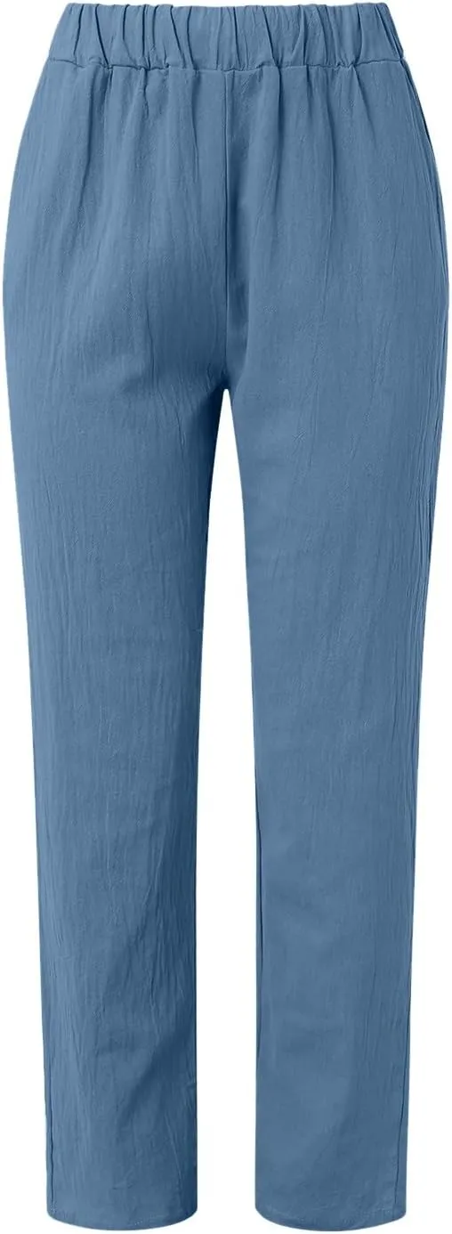 Womens Linen Pants with Pockets High Waist Comfy Casual Pants Lightweight Loose Trousers Straight Leg Baggy Trousers