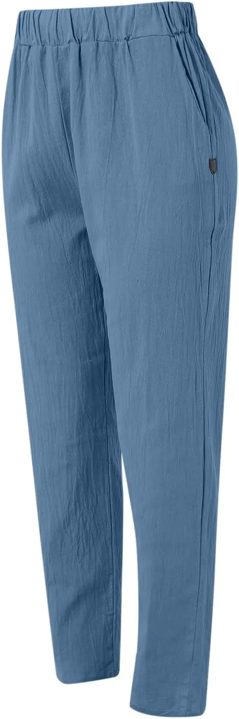Womens Linen Pants with Pockets High Waist Comfy Casual Pants Lightweight Loose Trousers Straight Leg Baggy Trousers