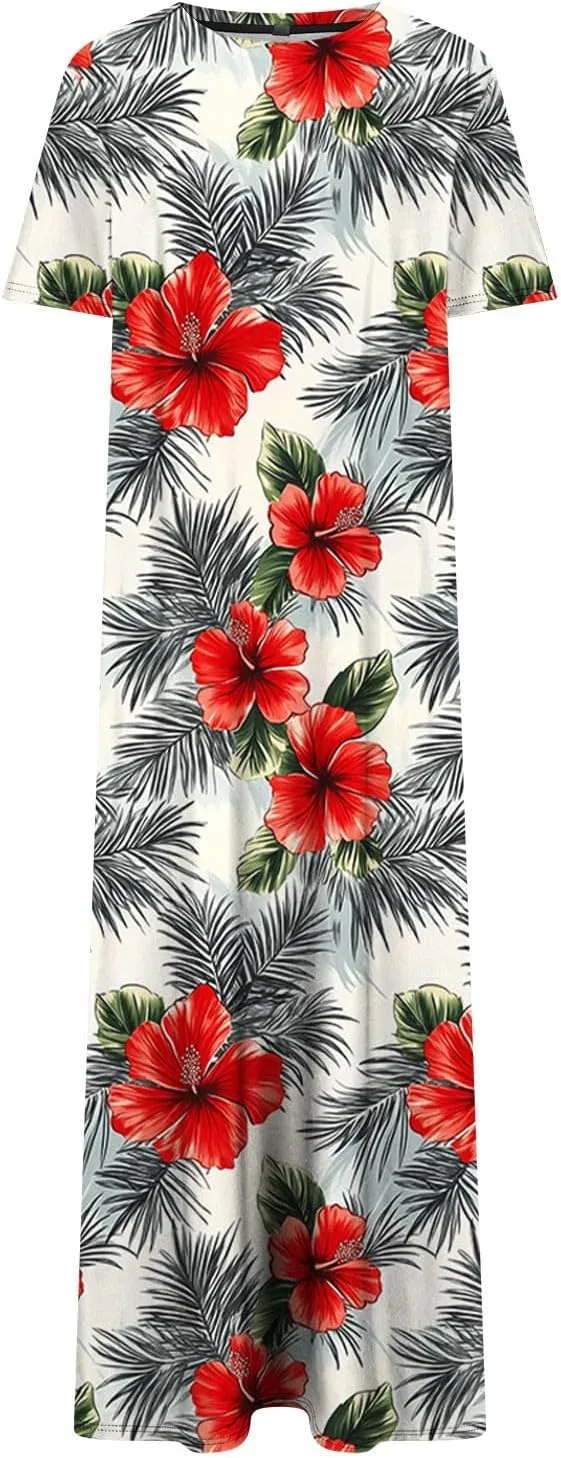 Women's Short Sleeve Boho Long Maxi Dresses Causal Vacation Floral Swing Dress Side Slits Beach Sundress with Pockets