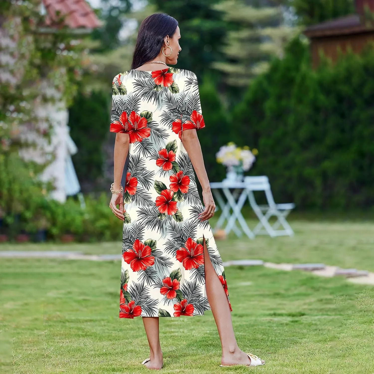Women's Short Sleeve Boho Long Maxi Dresses Causal Vacation Floral Swing Dress Side Slits Beach Sundress with Pockets
