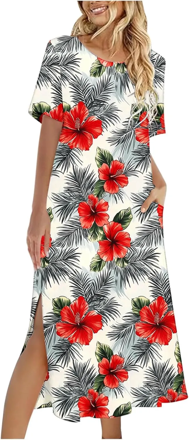 Women's Short Sleeve Boho Long Maxi Dresses Causal Vacation Floral Swing Dress Side Slits Beach Sundress with Pockets