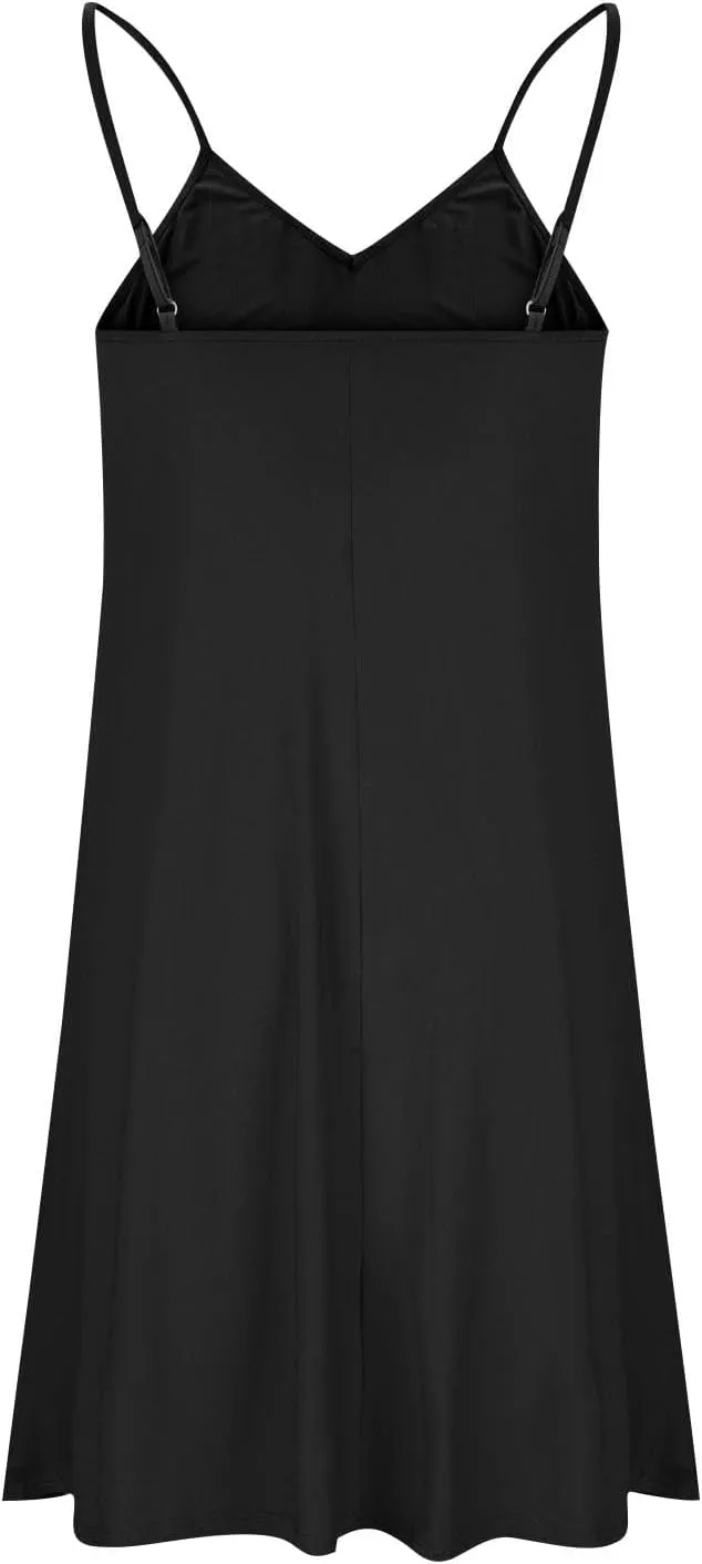 Womens Spaghetti Strap Dress V Neck Casual Swing Tank Dress Beach Cover Ups Sleeveless Loose Fit Beach Sundresses