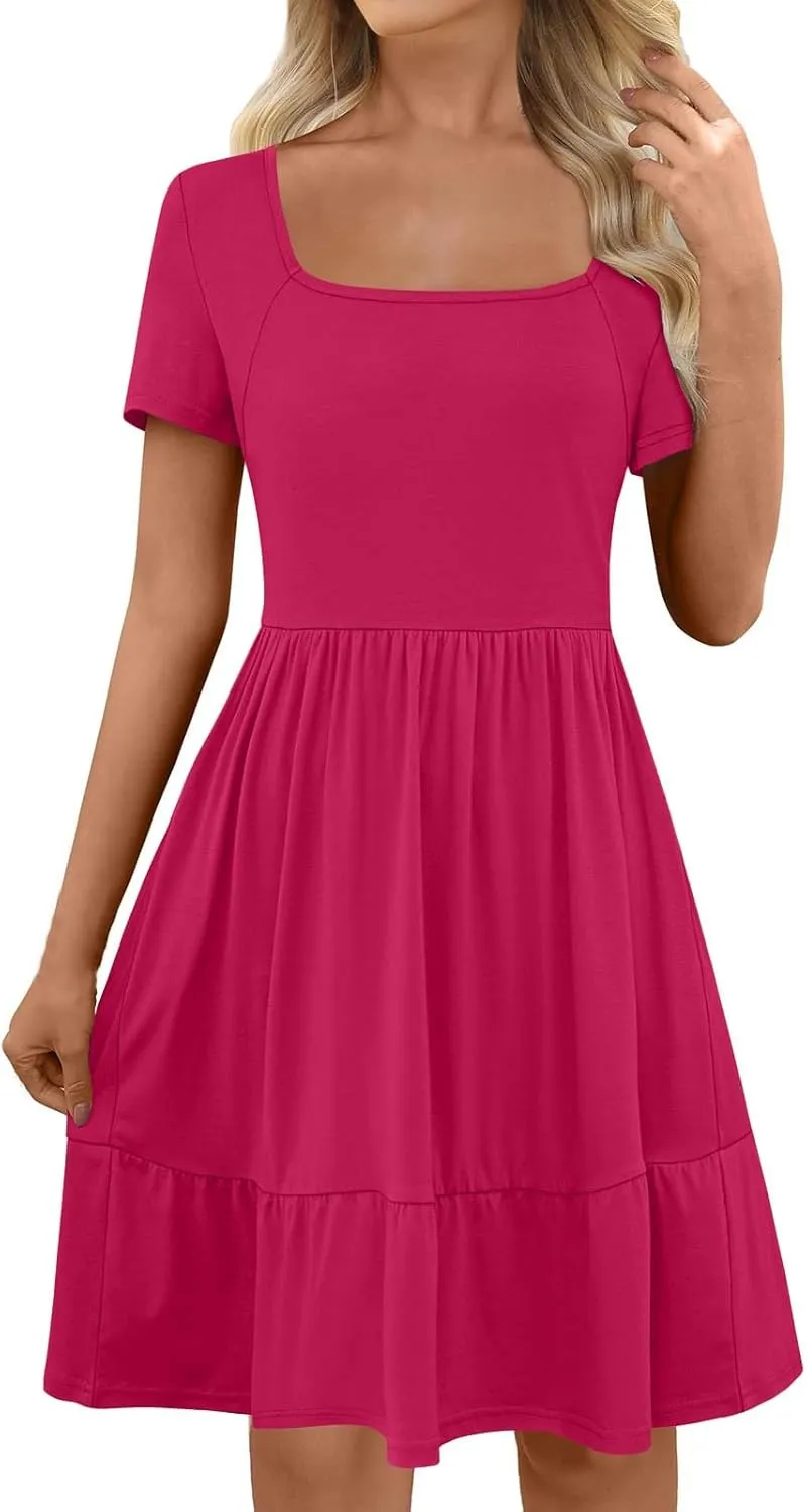 Womens Summer Casual Dresses Short Sleeve Square Neck Babydoll Dress Flowy Vacation A-Line Cute Beach Sundress
