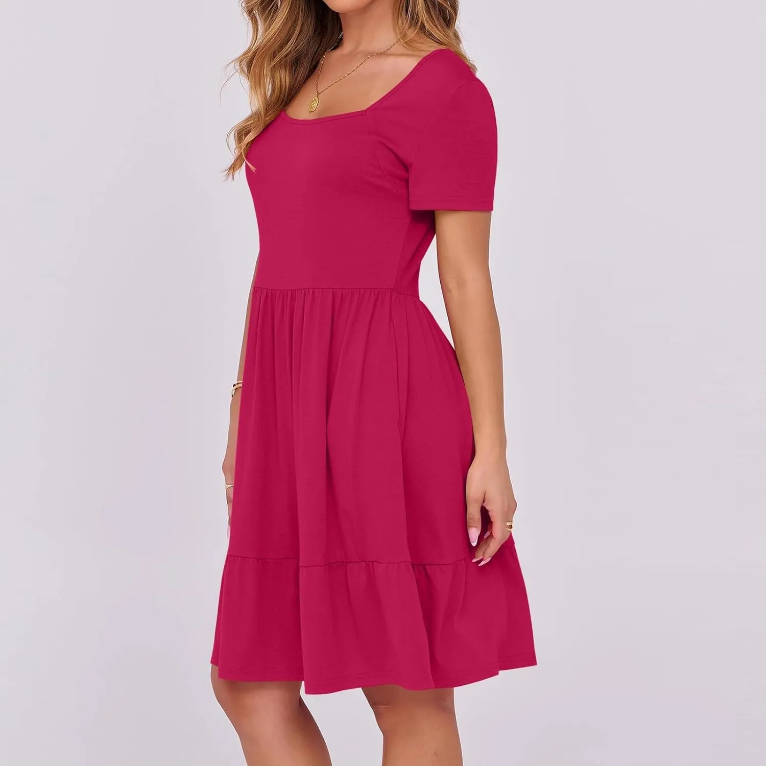 Womens Summer Casual Dresses Short Sleeve Square Neck Babydoll Dress Flowy Vacation A-Line Cute Beach Sundress